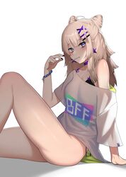  aa-12_(girls&#039;_frontline) aa-12_(smokeless_lollipop)_(girls&#039;_frontline) absurdres ahoge arm_support bags_under_eyes bare_shoulders bikini bikini_under_clothes black_bikini blue_eyes bracelet breasts brown_hair cero_(last2stage) choker commentary cone_hair_bun dated_commentary earrings female girls&#039;_frontline hair_bun hair_ears hair_ornament hand_up highres jewelry knee_up long_hair looking_at_viewer medium_breasts mouth_hold no_pants off_shoulder shadow shirt side-tie_bikini_bottom sidelocks simple_background sitting solo star_(symbol) swimsuit thighs white_background white_shirt x_hair_ornament 