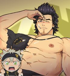  2boys abs asta_(black_clover) bara bare_pectorals biceps black_bulls_(emblem) black_capelet black_clover black_hair black_pants blush capelet chibi chibi_inset facial_hair from_below goatee highres kir_(kir_keropi) large_pectorals long_sideburns looking_at_viewer male_focus mature_male multiple_boys muscular muscular_male navel navel_hair nipples nose_blush one_eye_closed pants pectorals short_hair sideburns spiked_hair stomach thick_eyebrows torn_capelet torn_clothes yami_sukehiro yaoi 