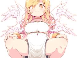  absurdres angel bad_id bad_pixiv_id blonde_hair breasts choker closed_mouth dress female frfr gold_choker highres large_breasts looking_at_viewer multiple_wings orange_eyes original pointy_ears simple_background smile solo squatting white_background white_dress wings 