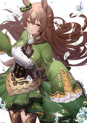  animal_ears blush braid breasts brown_eyes brown_hair dress ear_ornament ear_ribbon female green_dress green_ribbons half_updo highres horse_ears horse_girl ironatsuki large_breasts long_hair long_sleeves looking_at_viewer ribbon satono_diamond_(umamusume) sleeves_past_fingers sleeves_past_wrists smile solo thighhighs thighs umamusume very_long_hair 