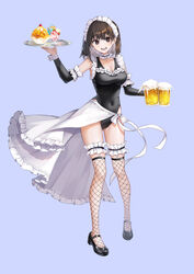  absurdres apron beer_mug black_footwear black_hair black_one-piece_swimsuit blue_background breasts brown_eyes cleavage commentary covered_navel cup detached_sleeves english_commentary female fishnet_thighhighs fishnets frilled_apron frills full_body hands_up highres holding holding_cup holding_plate large_breasts looking_at_viewer maid maid_headdress maid_one-piece_swimsuit medium_hair mergerri mug one-piece_swimsuit open_mouth original plate simple_background solo standing swimsuit thighhighs unconventional_maid white_apron wrist_cuffs 