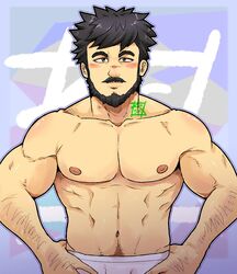  1boy abs arm_hair bandaged_arm bandages bara beard black_eyes black_hair blush facial_hair genshin_impact hands_on_own_hips highres kir_(kir_keropi) large_pectorals looking_at_viewer male_focus male_underwear mature_male moustache muscular muscular_male navel navel_hair nipples pectorals short_hair solo sparkle stomach thick_eyebrows topless_male underwear underwear_only upper_body wagner_(genshin_impact) white_male_underwear 