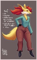  anthro big_ears blouse border bottomwear breasts cheek_tuft chest_tuft clothed clothing delphox denim denim_bottomwear denim_clothing english_text eye_bags facial_tuft fan_character female fluffy fluffy_tail fur generation_6_pokemon huge_thighs humor inner_ear_fluff jeans mature_anthro mature_female md34 multicolored_body multicolored_fur nintendo pants penny_(md34) pink_border pokemon pokemon_(species) red_body red_fur small_breasts solo tail text thick_thighs tight_clothing topwear tuft white_body white_fur wide_hips wrinkles yellow_body yellow_fur 