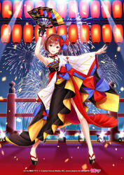  aerial_fireworks arm_up black_dress black_gloves blue_bow bow brown_eyes brown_hair commentary criss-cross_halter crypton_future_media dress female fireworks folding_fan full_body gloves hairbow halterneck hand_fan headphones holding holding_fan kirita_asami lantern looking_at_viewer magical_mirai_(vocaloid) magical_mirai_meiko magical_mirai_meiko_(2020_summer) meiko_(vocaloid) night official_art open_mouth piapro red_bow sandals short_hair single_glove single_sleeve smile solo spotlight standing two-tone_bow vocaloid wide_sleeves zouri 