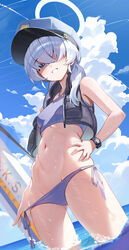  absurdres ahoge ass_visible_through_thighs bare_arms bare_shoulders beach bikini bikini_pull blue_archive blue_bikini blue_halo blue_sky blush breasts clothes_pull cloud collarbone commentary cowboy_shot cumulonimbus_cloud day female flak_jacket from_below grey_hair groin hair_over_eyes halo hand_on_own_hip hat highres hutosutoro jacket long_hair looking_at_viewer lowleg lowleg_bikini navel ocean open_clothes open_vest outdoors peaked_cap police police_hat police_uniform policewoman side-tie_bikini_bottom sky small_breasts solo standing stomach sway_back swimsuit thighs uniform unzipped valkyrie_police_academy_student_(blue_archive) valkyrie_police_academy_student_(sg)_(blue_archive) vest wading watch water wet wristwatch 