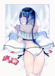  aqua_eyes ass back bad_id bad_pixiv_id bare_shoulders bikini black_hair blush closed_mouth commentary cup drinking_glass fate/grand_order fate_(series) female flower hair_ribbon jing_ke_(fate) jing_ke_(water_shine)_(fate) katagiri_(mighty_swing) long_hair looking_at_viewer looking_back off-shoulder_bikini off_shoulder pillow ponytail ribbon solo swimsuit thighs white_bikini white_ribbon wine_glass 