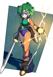  absurdres betabetamaru blue_eyes boots bracelet brown_footwear brown_gloves buruma circlet commentary_request curly_hair dragon_quest dragon_quest_iv earrings energy_ball female full_body gloves green_hair heroine_(dq4) highres holding holding_sword holding_weapon jewelry legband open_mouth purple_buruma serious shadow sheath single_glove single_sleeve single_thighhigh smile solo sword thighhighs v-shaped_eyebrows weapon 