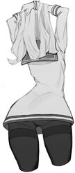  alternate_hairstyle arms_up ass cowboy_shot cropped_legs crotch_seam facing_away female from_behind from_below greyscale hair_flowing_over hands_in_hair highres kantai_collection kkkhosuke long_hair monochrome murakumo_(kancolle) narrow_waist no_pants pantyhose school_uniform serafuku solo stretching thighband_pantyhose white_background wristband 