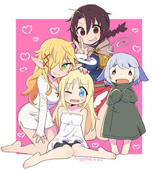  4girls ahoge angel angel_wings artist_name barefoot black_shorts blonde_hair blue_eyes blush border braid breasts broken_halo brown_eyes brown_hair cape clitorim commentary crimvael dress elf full_body genderswap_(mtf) genderswap_(otf) green_eyes grin hair_between_eyes hair_ornament hair_over_one_eye halfling halo heart huge_ahoge ishuzoku_reviewers kanchal large_breasts long_hair long_sleeves looking_at_viewer mago messy_hair multiple_girls one_eye_closed open_mouth pink_background pointy_ears purple_hair rule_63 short_eyebrows short_hair shorts sitting sleeves_past_wrists small_breasts smile standing stunk stunkette w white_border white_dress wings x_hair_ornament zel_(ishuzoku_reviewers) zellie 