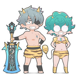  1boy :d animal_print bikini black_eyes black_hair chest_jewel chibi cosplay eyepatch female glasses green_hair hands_on_own_hips holding holding_sword holding_weapon lowres lum lum_(cosplay) natto_soup navel pandoria_(xenoblade) pointy_ears simple_background smile standing stomach swimsuit sword tail tiger_print topless_male urusei_yatsura weapon white_background xenoblade_chronicles_(series) xenoblade_chronicles_2 yellow_bikini zeke_von_genbu_(xenoblade) 