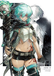  aqua_fire aqua_hair aqua_thighhighs belt black_gloves black_shorts boots braid braided_ponytail breasts cape chains character_request copyright_request cowboy_shot english_text female fire fish_skeleton gloves green_fire guaiguaigun hair_between_eyes hair_ornament highres hood hood_down looking_at_viewer midriff navel parted_lips pink_eyes profile shadow short_shorts shorts single_glove skull small_breasts staff tattoo thigh_boots thighhighs thighhighs_under_boots 