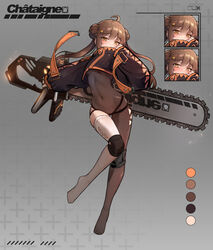  absurdres ahoge bad_id bad_pixiv_id black_jacket blush bodysuit breasts brown_bodysuit brown_eyes brown_hair canizzz chainsaw closed_mouth color_guide commentary_request covered_navel cropped_jacket double_bun female full_body grey_background hair_bun hand_up highres holding jacket knee_pads korean_commentary legs long_hair long_sleeves looking_at_viewer multiple_views no_shoes original puffy_long_sleeves puffy_sleeves ringed_eyes single_leg_bodysuit sleeves_past_wrists small_breasts thighhighs twintails underboob very_long_hair white_thighhighs 