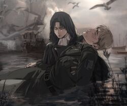  2boys absurdres bird black_hair blood blood_on_face blurry blurry_background blurry_foreground boat carrying carrying_person cloak closed_eyes closed_mouth commentary commentary_request day death depth_of_field erwin_smith grey_eyes highres hood hood_up hooded_cloak levi_(shingeki_no_kyojin) light_brown_hair lips looking_down male_focus mixed-language_commentary multiple_boys nose ocean outdoors overcast parted_bangs sad scar scar_on_face shingeki_no_kyojin short_hair sky sunlight thisuserisalive water watercraft 