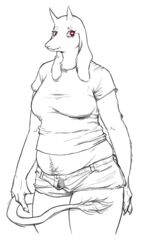  anthro body_hair bottomwear bovid breasts caprine clothing female goat happy_trail holding_tail horn long_tail mammal mature_anthro md34 navel overweight overweight_anthro overweight_female red_eyes sagging_breasts shirt shorts solo t-shirt tail tail_tuft thick_thighs topwear toriel tuft undertale_(series) wrinkles 