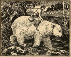  1889 19th_century ancient_art bear clothed clothing east_of_the_sun_and_west_of_the_moon fairy_tales female feral fur h_j_ford human lang&#039;s_fairy_books long_fur male mammal monochrome nude outside plant riding riding_on_back river the_blue_fairy_book traditional_media_(artwork) tree white_body white_fur 