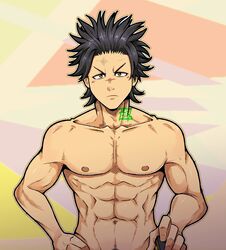  1boy abs aged_down bara black_clover black_hair completely_nude highres kir_(kir_keropi) looking_at_viewer male_focus navel navel_hair nipples nude out-of-frame_censoring pectorals scar scar_on_face scar_on_nose short_hair solo spiked_hair stomach toned toned_male yami_sukehiro 