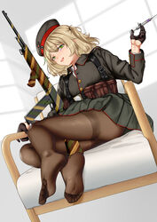  absurdres battlefield_(series) battlefield_1 black_pantyhose brown_hair feet female gloves green_eyes gun hat highres looking_at_viewer medium_hair military military_hat military_uniform needle no_shoes original pantyhose peaked_cap rifle skirt soles solo thighband_pantyhose toes uniform weapon winchester_model_1907 zenge_hd 