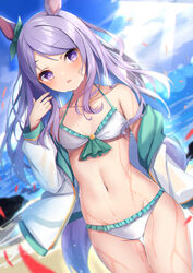  absurdres amahara_pekozaemon animal_ears bikini blush collarbone day female groin highres horse_ears horse_girl horse_tail jacket long_hair long_sleeves mejiro_mcqueen_(umamusume) navel ocean open_clothes open_jacket open_mouth outdoors purple_eyes purple_hair sand shore solo swimsuit tail thigh_gap umamusume wet white_bikini white_jacket 