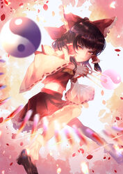  abstract_background absurdres ascot between_fingers black_footwear black_hair blurry blurry_foreground bobby_socks bow danmaku detached_sleeves expressionless female floating frown hair_ribbon hair_tubes hakurei_reimu highres holding loafers looking_at_viewer midriff needle orb petals ponytail red_bow red_eyes red_skirt red_vest ribbon ribbon-trimmed_sleeves ribbon_trim sango_(coral0707) serious shoes short_hair sidelocks skirt socks solo throwing_needles touhou vest white_socks yellow_ascot yin_yang yin_yang_orb 