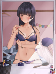  absurdres adjusting_bra adjusting_clothes bag bed bed_sheet black_bow black_hair blanket blunt_bangs blush bow bow_bra bow_panties bra breasts brown_eyes cellphone cleavage clothes_hanger collarbone female floral_print groin hair_brush hair_down hair_over_shoulder hand_in_own_hair handbag highres idolmaster idolmaster_shiny_colors indoors long_hair looking_at_viewer makeup mayuzumi_fuyuko mirror moriyama_a nail_polish nail_polish_bottle navel on_bed panties parted_lips phone pillow purple_bra purple_panties reflection room side-tie_panties sitting sleeveless small_breasts smartphone solo sunlight table underwear underwear_only vanity vanity_table wristband 