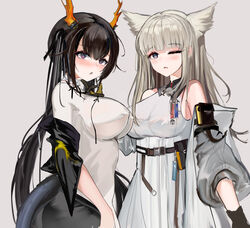  2girls :o absurdres animal_ears arknights arknights:_endfield bare_shoulders belt belt_pouch black_hair blue_eyes blunt_bangs blush breasts chen_qianyu_(arknights) chinese_commentary commentary_request covered_nipples cowboy_shot dragon_girl dragon_horns dragon_tail dress grey_background grey_hair grey_jacket hand_on_another&#039;s_chin highres horns impossible_clothes impossible_dress jacket large_breasts long_hair looking_at_viewer md5_mismatch mikuning multiple_girls off_shoulder one_eye_closed open_clothes open_jacket perlica_(arknights) pouch prototype_design purple_eyes simple_background tail tail_through_clothes twintails very_long_hair white_dress 