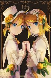  1boy absurdres anniversary black_background blonde_hair blue_eyes braid braided_bangs collar commentary dress dress_flower expressionless female flower framed_image frilled_collar frilled_dress frilled_sleeves frills from_side hat hat_flower headdress highres holding_hands kagamine_len kagamine_rin looking_at_viewer looking_to_the_side neck_ribbon ribbon rose sailor_collar shirt short_hair short_ponytail smile spiked_hair top_hat upper_body vocaloid wakolenrin white_headwear white_sailor_collar white_shirt yellow_flower yellow_ribbon yellow_rose 