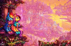  blue_eyes city cloud cloudsdale container cup duo equid equine female fluttershy_(mlp) friendship_is_magic hasbro jowybean mammal my_little_pony mythological_creature mythological_equine mythology pegasus rainbow_dash_(mlp) sitting sunset wings 