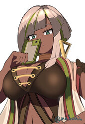  absurdres breasts cellphone cleavage dark-skinned_female dark_skin diagonal_bangs duel_monster ear_piercing evil_twin&#039;s_trouble_sunny female from_below green_eyes green_hair grey_hair highres holding holding_phone large_breasts looking_at_viewer luna_(dm)_(yu-gi-oh!) meda_otoko midriff multicolored_hair navel phone piercing short_hair signature smartphone solo white_background yu-gi-oh! 