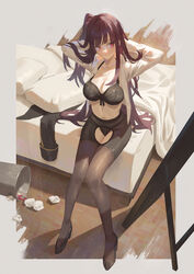  absurdres adjusting_hair bed bed_sheet black_bra black_panties black_pantyhose bra breasts bullpup cirilla_lin commentary condom condom_wrapper crotch_cutout female girls&#039;_frontline gun high_heels highres jacket knees_together_feet_apart long_hair panties panties_under_pantyhose pantyhose photoshop_(medium) red_eyes rifle sitting sniper_rifle solo underwear used_condom wa2000_(girls&#039;_frontline) walther walther_wa_2000 weapon 