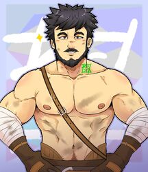  1boy abs bandaged_arm bandages bara beard black_eyes black_hair blush facial_hair genshin_impact hands_on_own_hips highres kir_(kir_keropi) large_pectorals looking_at_viewer male_focus mature_male moustache muscular muscular_male navel navel_hair nipples pectorals short_hair solo sparkle stomach thick_eyebrows topless_male upper_body wagner_(genshin_impact) 