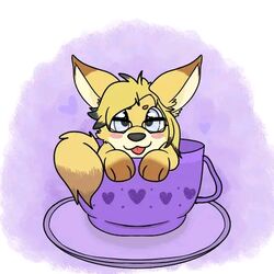  1:1 blep blonde_hair blue_eyes blush canid canine container countershading cup dipstick_tail eyewear female fennec_fox feral fox fur glasses hair julie_chirpster low_res mammal markings paws saucer scene_haircut solo sora_meicoomon tail tail_markings tan_body tan_fur tea_cup tongue tongue_out true_fox 