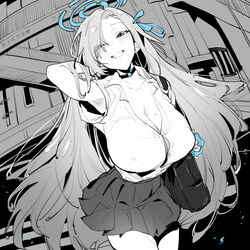  aqua_ribbon armpits asuna_(blue_archive) bag blue_archive blush breasts choker cleavage collared_shirt commentary female greyscale grin hair_over_one_eye hair_ribbon halo hand_in_own_hair highres large_breasts long_hair looking_at_viewer mole mole_on_breast monochrome pleated_skirt poriuretan presenting_armpit ribbon school_uniform scrunchie shirt skirt smile solo spot_color very_long_hair wrist_scrunchie 