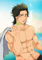  1boy abs absurdres bara black_clover black_hair blush facial_hair goatee highres holding holding_clothes holding_shirt kir_(kir_keropi) large_pectorals long_sideburns looking_at_viewer male_focus mature_male muscular muscular_male navel navel_hair nipples pectorals shirt short_hair sideburns smile solo spiked_hair stomach topless_male yami_sukehiro 