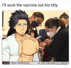  1boy bara bare_pectorals black_clover black_hair english_text facial_hair goatee highres i&#039;ll_suck_the_vaccine_out_of_his_tiddy_(meme) kir_(kir_keropi) large_pectorals long_sideburns male_focus mature_male meme muscular muscular_male nipples open_clothes open_shirt parody pectorals short_hair sideburns spiked_hair unamused yami_sukehiro 