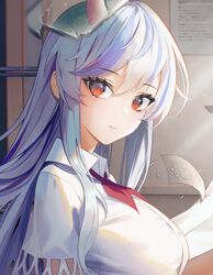  aya_(lezon) blue_hair breasts closed_mouth collared_shirt dual_persona ex-keine female glass green_hair grey_hair hair_between_eyes highres horns kamishirasawa_keine large_breasts light long_hair looking_at_viewer multicolored_hair neckerchief paper red_eyes red_neckerchief shadow shirt short_sleeves solo sunlight teeth touhou upper_body wall white_shirt 