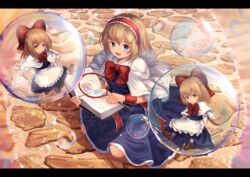  alice_margatroid apron bad_id bad_pixiv_id blonde_hair blue_dress blue_eyes book bow bowtie braid brown_footwear capelet cobblestone commentary day dress english_commentary female french_braid hairband hairbow highres holding holding_book in_bubble letterboxed lolita_hairband long_sleeves looking_at_viewer on_ground ookashippo open_book open_mouth outdoors red_bow red_bowtie shanghai_doll short_hair sitting smile soap_bubbles solo touhou waist_apron wariza white_capelet white_legwear 