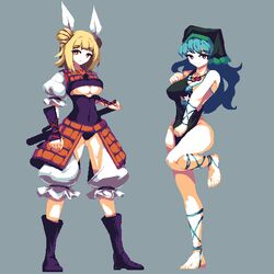  2girls 4qw5 arm_ribbon armor barefoot black_footwear blue_hair blunt_bangs breasts bright_pupils closed_mouth commentary double_bun earrings english_commentary full_body green_headwear grey_background hair_bun hair_ribbon haniwa_(statue) haniyasushin_keiki head_scarf holding holding_sword holding_weapon jewelry joutouguu_mayumi large_breasts leg_ribbon long_hair looking_at_viewer magatama magatama_necklace multiple_girls necklace pixel_art puffy_short_sleeves puffy_sleeves purple_eyes red_eyes ribbon short_hair short_sleeves simple_background single_earring smile standing standing_on_one_leg sword touhou vambraces weapon white_pupils white_ribbon 