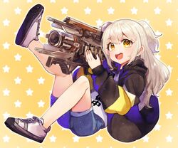  absurdres apex_legends backpack bag black_hoodie blonde_hair blue_shorts brown_eyes chano_(22chano_death) charge_rifle commission energy_gun female flat_chest grey_footwear gun hair_behind_ear highres holding holding_gun holding_weapon hood hoodie indie_virtual_youtuber kohaku_gumi long_hair open_mouth second-party_source shoes shorts skeb_commission smile sneakers solo two_side_up virtual_youtuber weapon 