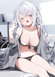  ;o bare_shoulders black_bra black_panties blush bow bow_bra bra breasts cleavage collarbone commentary feet_out_of_frame female grey_hair grey_shirt hair_between_eyes hand_up highres indoors kamioka_shun&#039;ya long_hair long_sleeves medium_breasts navel off_shoulder one_eye_closed open_clothes open_mouth open_shirt original panties purple_eyes shiori_(kamioka_shun&#039;ya) shirt sitting sleeves_past_fingers sleeves_past_wrists solo teeth underwear upper_teeth_only very_long_hair yawning 