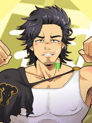  1boy armpit_hair armpit_peek bara black_bulls_(emblem) black_capelet black_clover black_hair blush capelet covered_nipples facial_hair flexing goatee highres kir_(kir_keropi) large_pectorals long_sideburns looking_at_viewer male_focus mature_male muscular muscular_male pectorals pose short_hair sideburns smile solo spiked_hair tank_top torn_capelet torn_clothes upper_body white_tank_top yami_sukehiro 