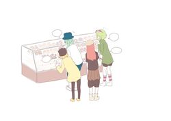  4girls ^^^ aqua_hair bakery blank_speech_bubble blonde_hair blue_headwear blue_pants brown_skirt commentary counter display_case donut_hole_(vocaloid) faceless faceless_female food goggles goggles_on_head green_hair green_shirt gumi hatsune_miku highres index_finger_raised kagamine_rin kaimo_(mi6kai) leaning_forward long_hair megurine_luka multiple_girls pants pantyhose pastry pink_hair pointing red_goggles shirt shoes shop short_hair skirt sneakers speech_bubble twintails vocaloid white_shirt yellow_shirt 