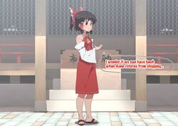  2022 black_hair clothing dialogue dress english_text female fuka_(kantoku) hair hi_res human human_only mammal not_furry red_clothing red_dress reimu_hakurei solo standing text touhou 