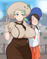  2girls afrobull age_difference alternate_breast_size apron ascot bad_id bad_twitter_id belly blush braid breasts brown_ascot brown_hair brown_skirt buttons collared_shirt confused covered_nipples curvy gloves green_eyes green_hair hat height_difference highres huge_breasts juliana_(pokemon) katy_(pokemon) light_green_hair long_hair mature_female mole mole_on_cheek multiple_girls naranja_academy_school_uniform necktie nervous_smile open_mouth plump pokemon pokemon_sv puffy_short_sleeves puffy_sleeves school_uniform shirt short_sleeves side_ponytail skirt smile standing 