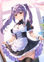  apron black_dress black_thighhighs blue_flower blush braid breasts chahei chinese_commentary cleavage commentary cone_hair_bun curtains dress female flower frilled_apron frilled_dress frills genshin_impact hair_between_eyes hair_bun highres indoors keqing_(genshin_impact) long_hair looking_at_viewer medium_breasts neck_ribbon parted_lips purple_hair purple_ribbon red_eyes ribbon skindentation skirt_hold solo thighhighs transparent twintails white_apron window 