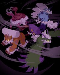  animal_focus black_background claws commentary_request enamorus enamorus_(therian) highres kasai_(pixiv24704749) landorus landorus_(therian) looking_at_viewer looking_back looking_up no_humans pokemon pokemon_(creature) thundurus thundurus_(therian) tornadus tornadus_(therian) white_fur wind yellow_eyes 