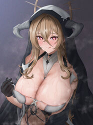  :q azur_lane between_breasts black_gloves blonde_hair blush breasts clothes_pull fake_horns female from_above gloves habit hair_between_eyes half_gloves heart heart-shaped_pupils highres horns huge_breasts implacable_(azur_lane) long_hair looking_at_viewer nun ohwani333 pulling_own_clothes red_eyes see-through simple_background skindentation solo steaming_body strap_between_breasts sweat symbol-shaped_pupils tongue tongue_out very_long_hair white_horns 