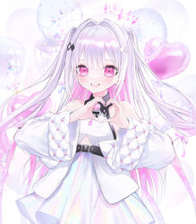  :d absurdres bad_id bad_pixiv_id balloon barefoot belt cutout_above_navel detached_sleeves dress female flat_chest gem hair_between_eyes hair_ornament hair_ribbon hairclip heart heart_balloon heart_hands highres hoju_rura indie_virtual_youtuber jewelry long_sleeves mashiro_shiki multicolored_hair open_mouth pink_eyes pink_hair purple_hair ribbon smile solo streaked_hair teeth two_side_up upper_body upper_teeth_only virtual_youtuber white_dress white_hair 