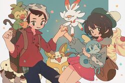  2019 ^_^ alcremie ambiguous_gender backpack bag blue_eyes bottomwear brown_hair canid canine carrying_another closed_eyes clothing female feral food food_hair frown fruit generation_8_pokemon gloria_(pokemon) green_clothing green_hat green_headwear grookey group hair hand_holding hat headgear headwear hi_res holding_food holding_object human lagomorph light_body light_skin male mammal nintendo omumorning pants plant pokemon pokemon_(species) pseudo_hair red_clothing red_shirt red_topwear scorbunny shirt simple_background smile sobble starter_trio topwear victor_(pokemon) wooloo yamper 