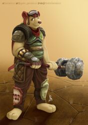  anthro apocalypse armor bear belly clothed clothing desert eyewear fully_clothed fur gatogenerico goggles hammer hi_res looking_at_viewer male mammal maul melee_weapon outside simple_background sledgehammer smile solo standing terry_(shai_dreamcast) tools wasteland weapon 