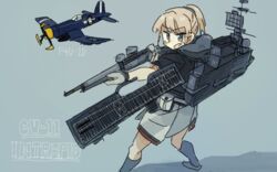  aircraft black_shirt blue_background blue_eyes blue_socks bolt_action character_name f4u_corsair female flight_deck gloves grey_gloves gun holding holding_gun holding_weapon intrepid_(kancolle) jura_cambri kantai_collection kneehighs light_brown_hair m1903_springfield neck_pillow open_mouth ponytail pouch rifle rigging shirt simple_background skirt socks solo weapon 